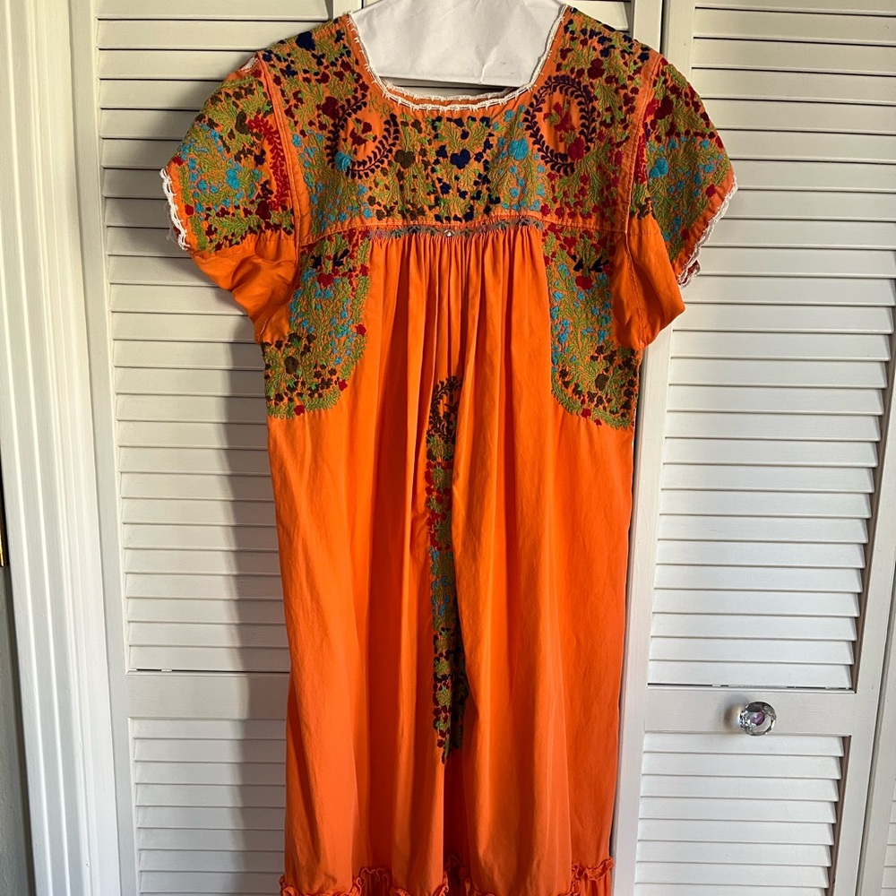 Oaxacan Multicolored Hand-Embroidered Peach Cotton Ruffled Midi Dress Size S/M